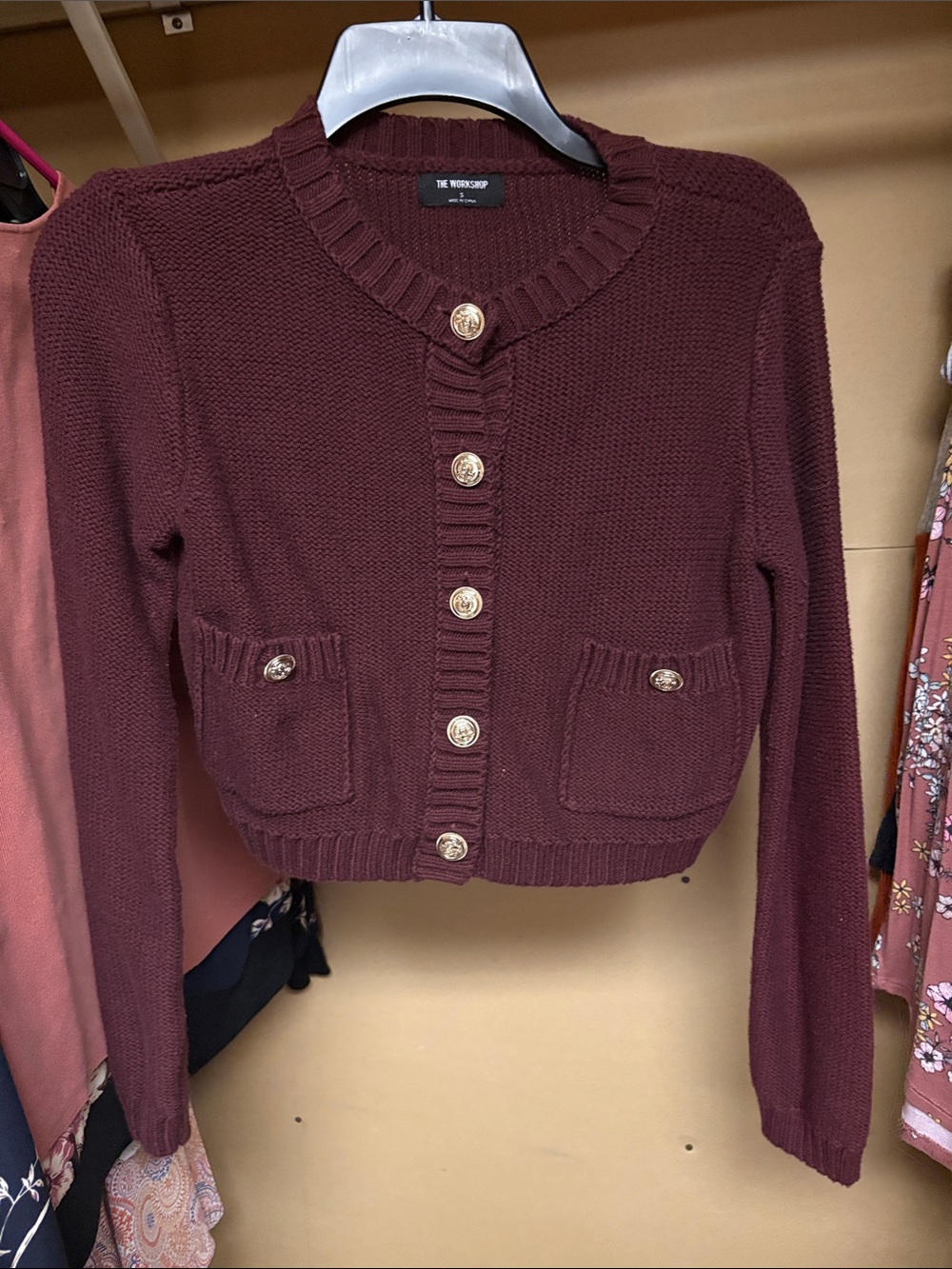 Workshop Republic Clothing Burgundy Cropped Button Cardigan